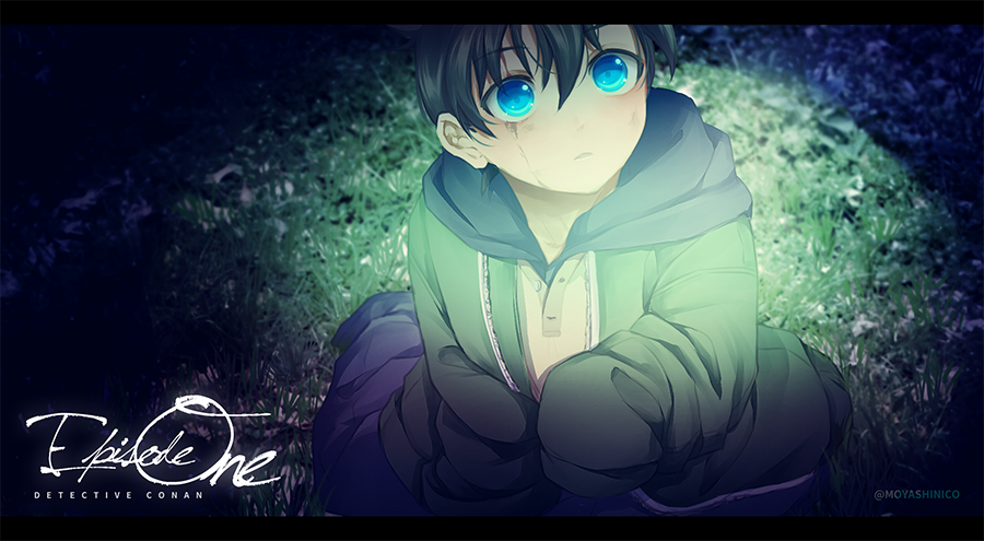 1boy bangs black_hair blue_eyes cardigan copyright_name edogawa_conan eyebrows_visible_through_hair green_cardigan hair_between_eyes hood hood_down hooded_cardigan male_focus meitantei_conan monicanc open_cardigan open_clothes oversized_clothes shiny shiny_hair sleeves_past_fingers sleeves_past_wrists solo twitter_username