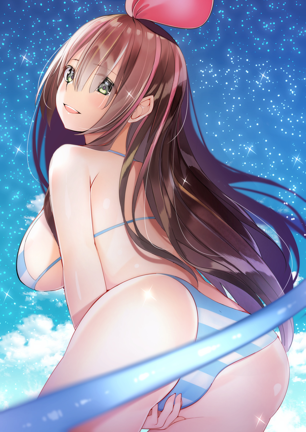 1girl a.i._channel ass breasts brown_hair clouds hairband highres kizuna_ai long_hair looking_at_viewer mairudo_(mildcoffee1117) multicolored_hair open_mouth pink_hair pink_hairband smile solo streaked_hair swimsuit virtual_youtuber