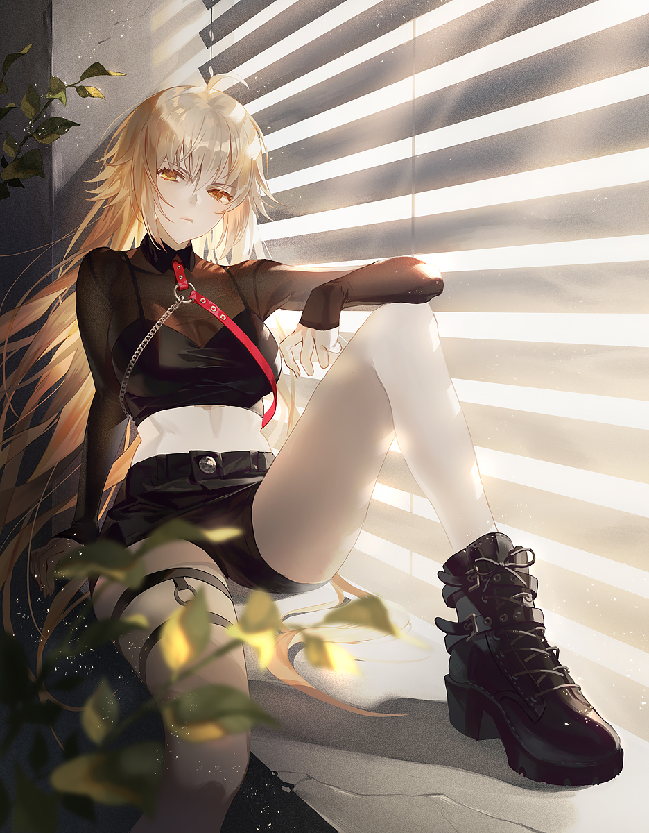1girl ahoge ankle_boots arm_support bangs bare_legs black_bra black_footwear black_shirt black_shorts blinds blonde_hair blush boots bra breasts chain contemporary crop_top day expressionless eyebrows_visible_through_hair fajyobore323 fate/grand_order fate_(series) feet_out_of_frame head_tilt highres jeanne_d'arc_(alter)_(fate) jeanne_d'arc_(fate)_(all) knee_up large_breasts light_particles long_hair long_sleeves looking_at_viewer midriff o-ring see-through shadow shirt short_shorts shorts sitting solo sunlight thigh_strap thighs underwear windowsill yellow_eyes