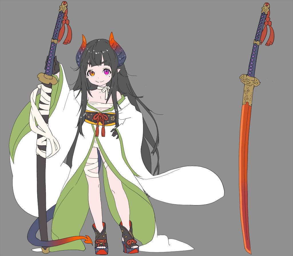 1girl black_gloves black_hair budget_sarashi choker closed_mouth demon_girl demon_horns demon_tail gloves grey_background hand_on_hip heel-less_platform_footwear heterochromia high_heels horns japanese_clothes katana kimono long_hair long_sleeves looking_at_viewer mole mole_under_eye nagisa_kurousagi obi orange_eyes original pink_eyes platform_footwear red_choker red_ribbon ribbon ribbon_choker sarashi sash scabbard sheath simple_background smile solo sword tail very_long_hair weapon wide_sleeves