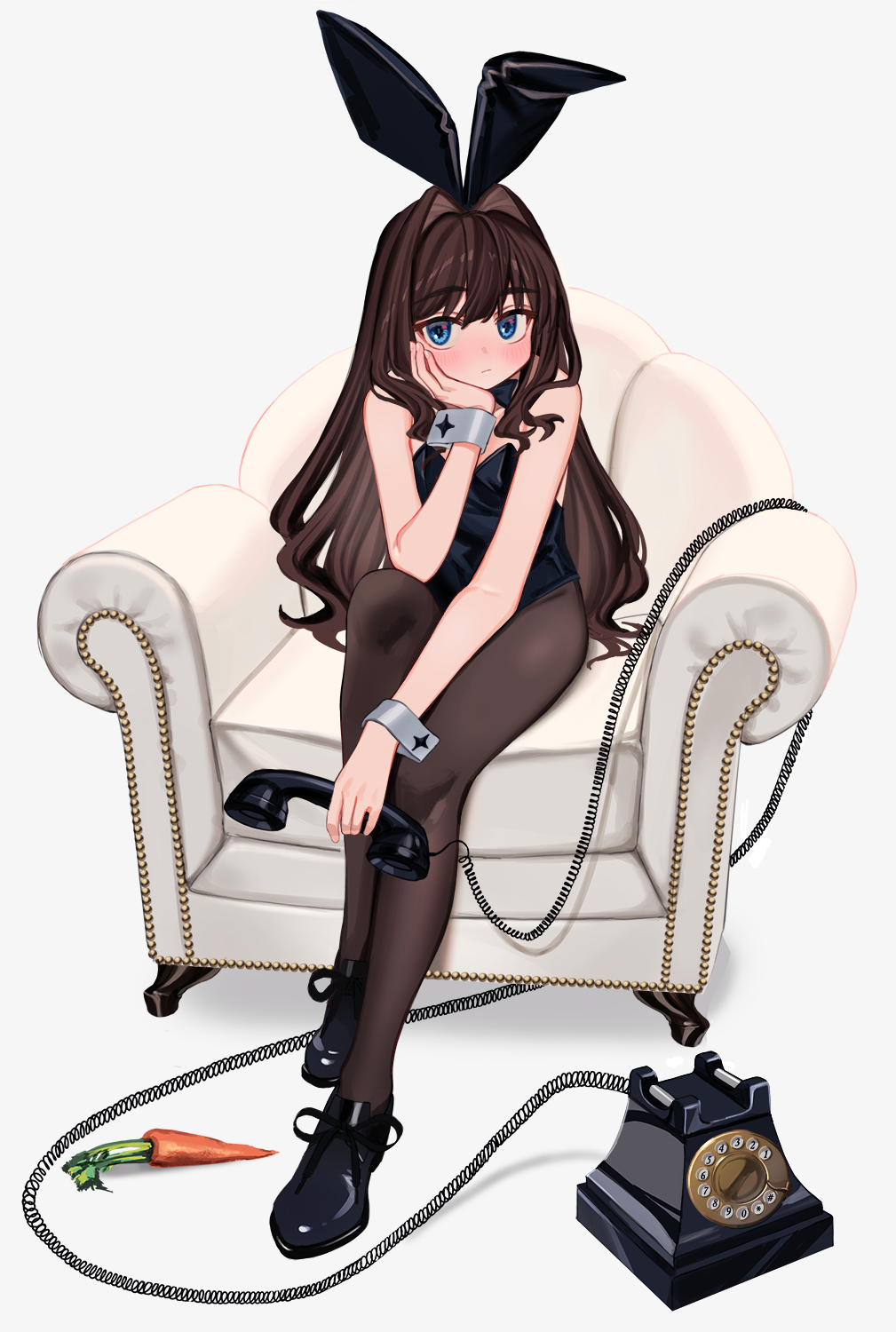 1girl animal_ears armchair bangs black_footwear black_hair black_legwear black_leotard blue_eyes blush bow bowtie bunny_girl bunnysuit carrot chair chin_rest full_body hair_intakes hand_on_own_chin highres leotard light_frown long_hair looking_at_viewer luicent original pantyhose phone rabbit_ears rotary_phone shoes simple_background sitting solo strapless strapless_leotard white_background wrist_cuffs