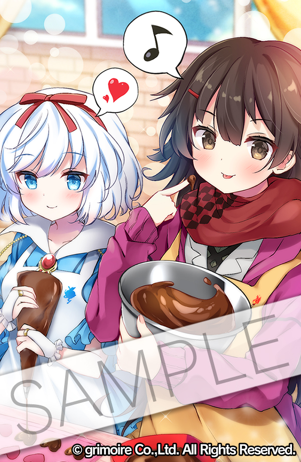 2girls :p apron bangs black_hair blue_dress blue_eyes blurry blurry_background blush bow bowl brave_sword_x_blaze_soul brick_wall bridal_gauntlets brown_apron brown_eyes candy character_request chocolate chocolate_heart chocolate_on_fingers closed_mouth collarbone collared_dress commentary_request depth_of_field dress eighth_note eyebrows_visible_through_hair food food_on_finger hair_between_eyes hair_bow hair_ornament hairclip hand_up heart holding holding_bowl jacket long_hair long_sleeves looking_at_viewer masayo_(gin_no_ame) mixing_bowl multiple_girls musical_note nail_polish official_art open_clothes open_jacket pastry_bag pink_nails puffy_short_sleeves puffy_sleeves purple_jacket red_bow red_scarf sample scarf short_sleeves sleeves_past_wrists smile spoken_heart spoken_musical_note tongue tongue_out valentine very_long_hair watermark white_apron white_hair white_jacket window
