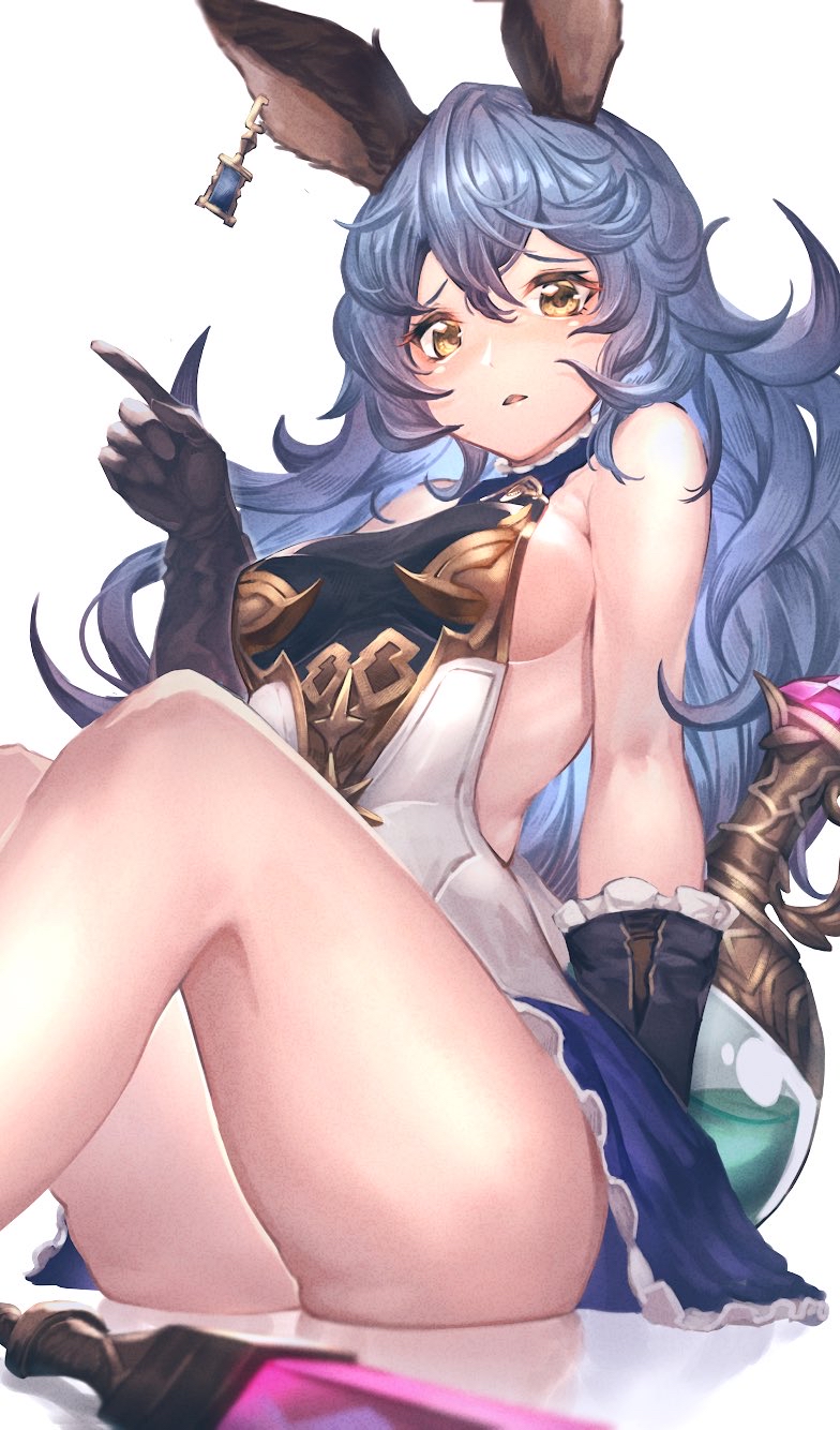 1girl animal_ears backless_dress backless_outfit bangs bare_legs bare_shoulders black_gloves blue_hair blue_skirt breasts dress erune ferry_(granblue_fantasy) flask frilled_gloves frills from_below gloves granblue_fantasy hair_between_eyes highres ikusaneko index_finger_raised long_hair looking_at_viewer medium_breasts open_mouth piercing rabbit_ears round-bottom_flask sideboob sideless_outfit simple_background sitting skirt solo sword thighs wavy_hair weapon yellow_eyes