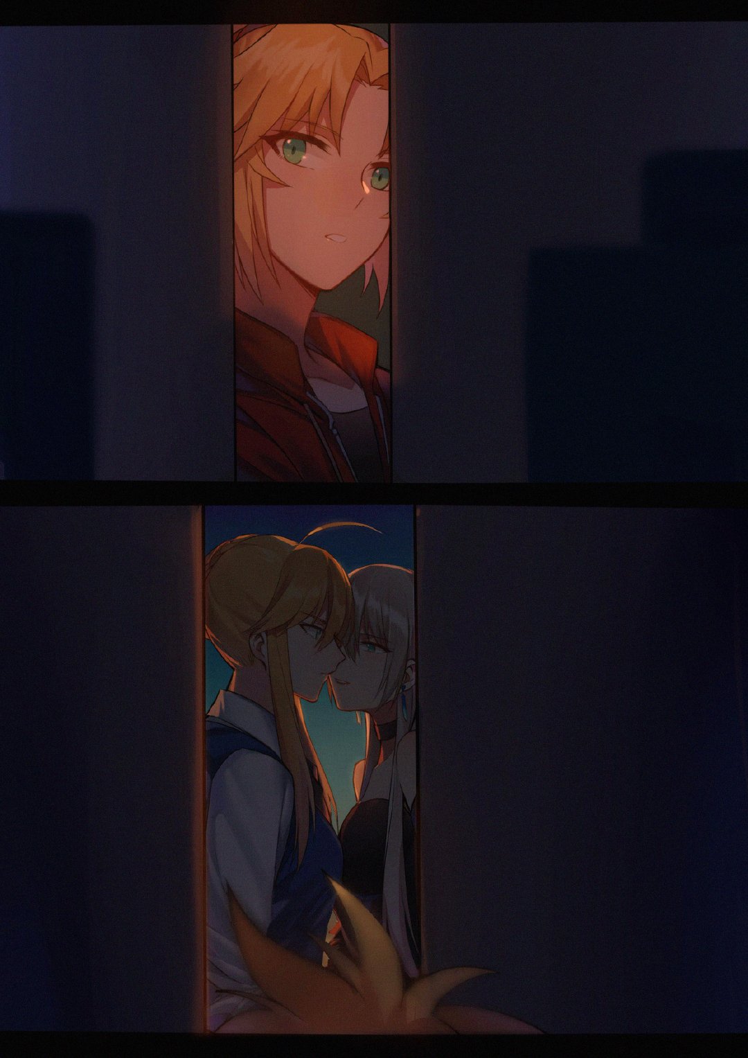 3girls ahoge artoria_pendragon_(all) artoria_pendragon_(lancer) blonde_hair blue_vest fate/apocrypha fate/grand_order fate_(series) from_side green_eyes highres imminent_kiss incest jacket letterboxed long_hair looking_at_viewer mordred_(fate)_(all) morgan_le_fay_(fate) mother_and_daughter multiple_girls multiple_views red_jacket short_hair siblings sidelocks sisters vest yorukun yuri
