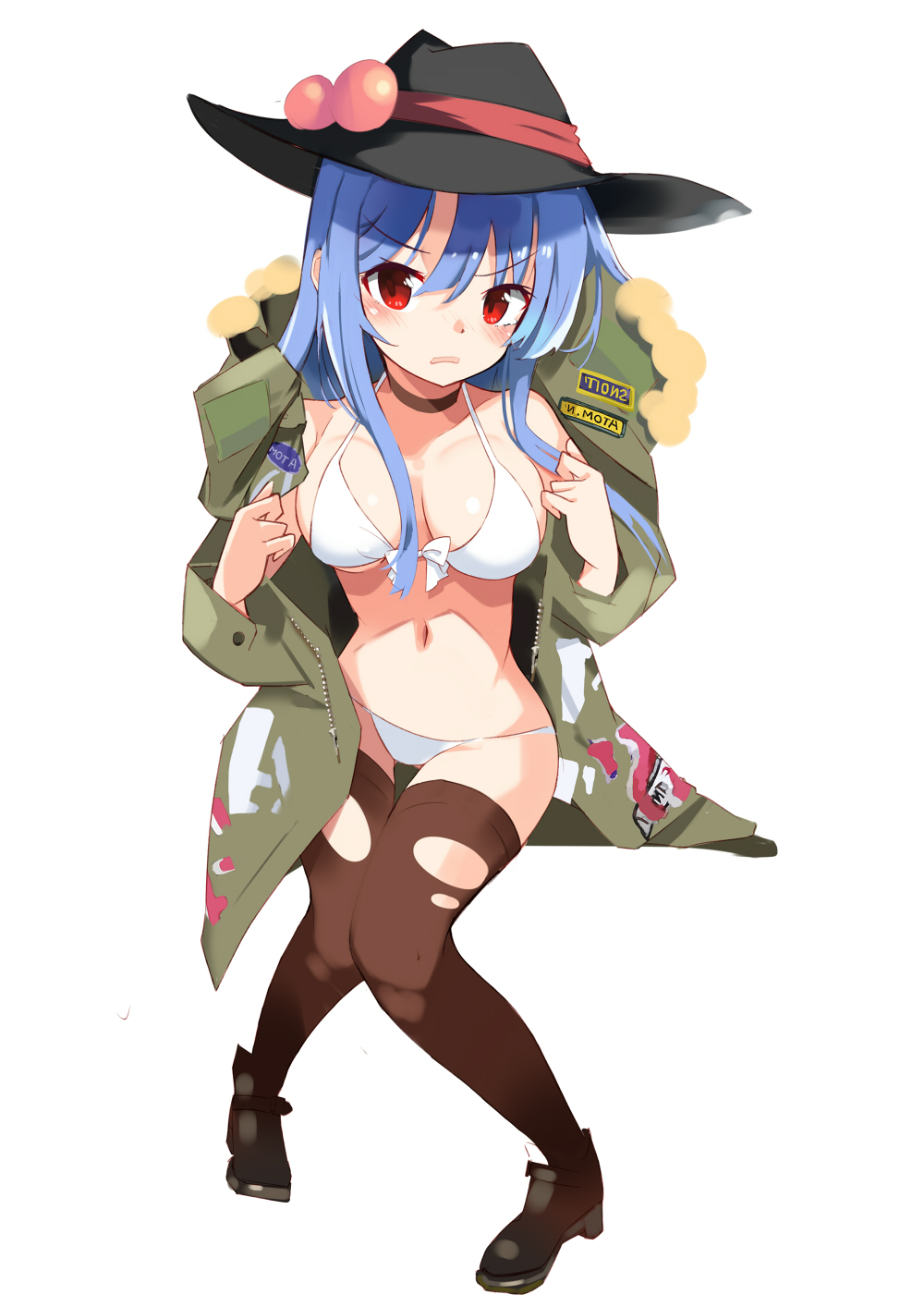 1girl bangs bikini black_choker black_footwear black_headwear black_legwear blue_hair blush breasts choker commentary_request eyebrows_visible_through_hair food front-tie_bikini front-tie_top fruit full_body green_jacket hair_between_eyes highres hinanawi_tenshi jacket large_breasts long_hair long_sleeves looking_at_viewer navel open_mouth peach red_eyes shoes sidelocks simple_background solo stomach swimsuit tetsurou_(fe+) thigh-highs thighs touhou white_background white_bikini