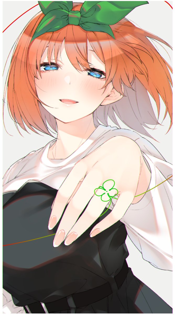 1girl bangs belt blue_eyes blush breasts clover four-leaf_clover go-toubun_no_hanayome green_hairband hairband highres long_sleeves nakano_yotsuba nekoume open_mouth orange_hair ribbon short_hair simple_background solo