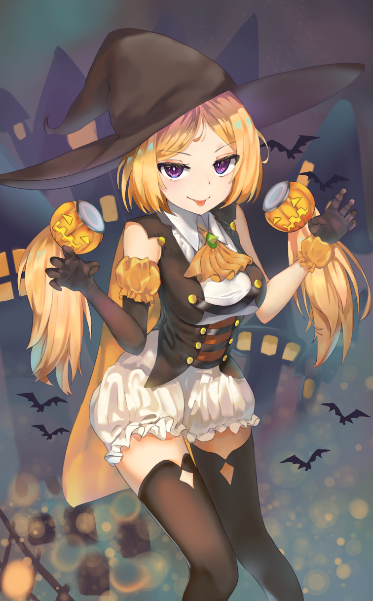 1girl aki_rosenthal alternate_costume asymmetrical_gloves bangs bare_shoulders black_headwear black_legwear blonde_hair breasts commentary detached_hair elbow_gloves eyebrows_visible_through_hair food_themed_hair_ornament fuenyuan gloves hair_ornament halloween hat highres hololive large_breasts long_hair looking_at_viewer open_mouth parted_bangs pumpkin_hair_ornament smile solo thigh-highs tongue tongue_out twintails violet_eyes virtual_youtuber witch_hat