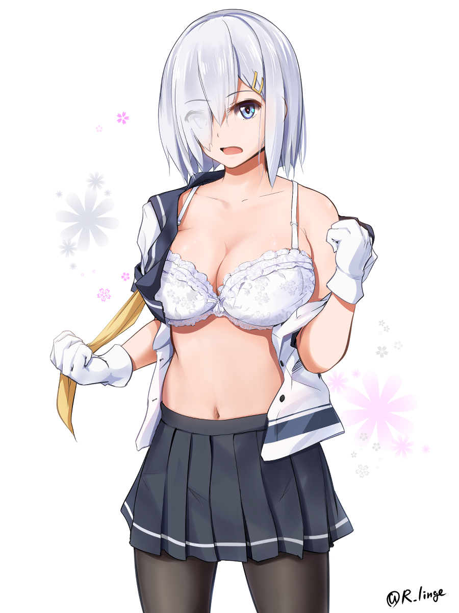 1girl black_legwear blue_eyes blush bra breasts eyes_visible_through_hair floral_background gloves hair_ornament hair_over_one_eye hairclip hamakaze_(kantai_collection) highres kantai_collection large_breasts lingerie_(aki3240) looking_at_viewer navel open_clothes open_mouth pantyhose pleated_skirt school_uniform serafuku short_hair short_sleeves silver_hair skirt solo underwear white_bra white_gloves