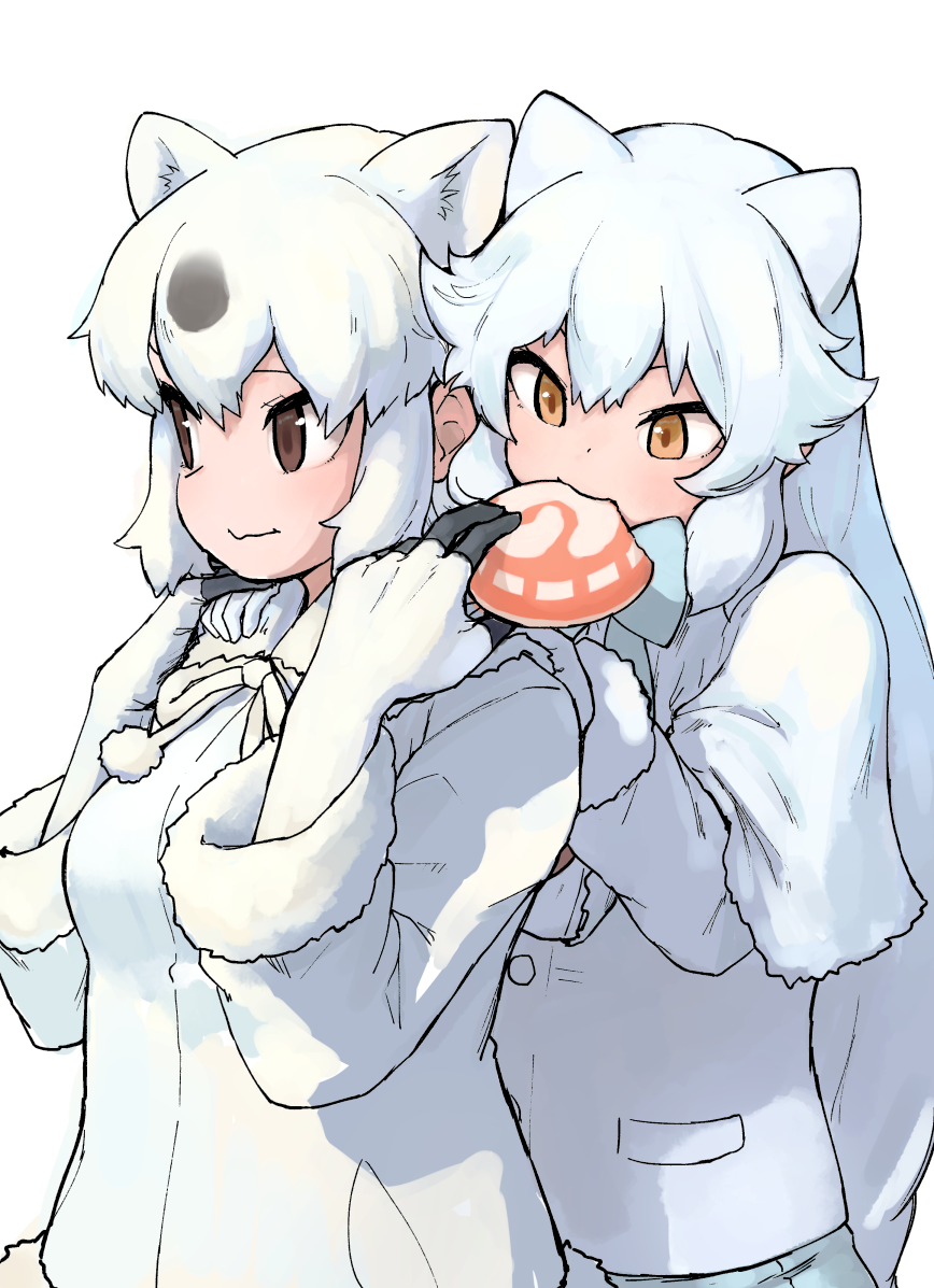 2girls animal_ears arctic_fox_(kemono_friends) bangs bear_ears behind_another black_gloves black_hair bow bowtie brown_eyes capelet closed_mouth eating extra_ears feeding food fox_ears gloves hand_on_another's_hand hands_on_another's_shoulders hands_up holding holding_food jacket japari_bun kemono_friends long_hair long_sleeves looking_afar looking_down medium_hair multicolored multicolored_clothes multicolored_gloves multicolored_hair multiple_girls pocket polar_bear_(kemono_friends) rumenia_(ao2is) sidelocks simple_background two-tone_hair upper_body white_background white_capelet white_gloves white_hair white_jacket