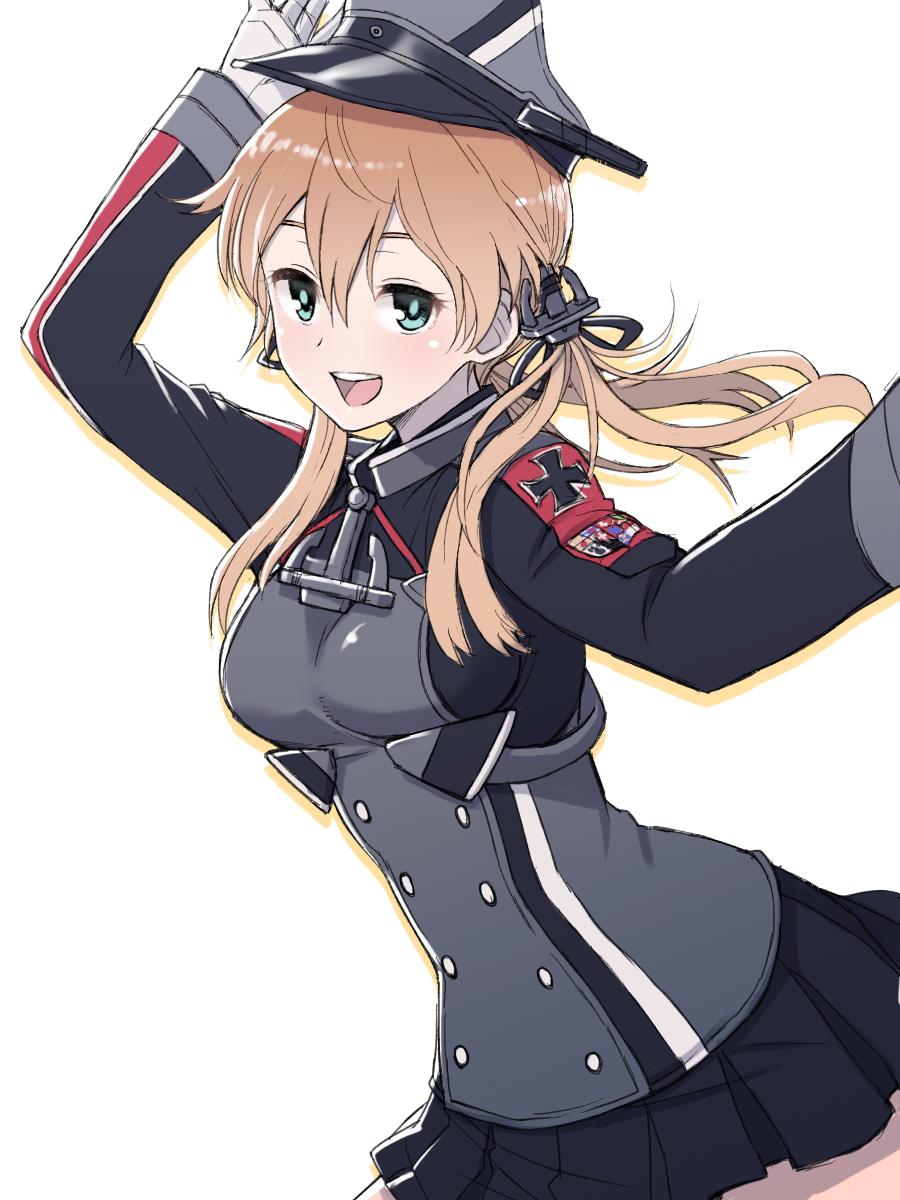 1girl :d anchor_hair_ornament anchor_necklace black_skirt blonde_hair double-breasted gloves green_eyes hair_between_eyes hair_ornament hand_up hat highres iron_cross itou_(onsoku_tassha) kantai_collection long_sleeves looking_at_viewer medium_hair military military_hat military_uniform open_mouth pleated_skirt prinz_eugen_(kantai_collection) simple_background skirt smile solo uniform upper_teeth white_background white_gloves