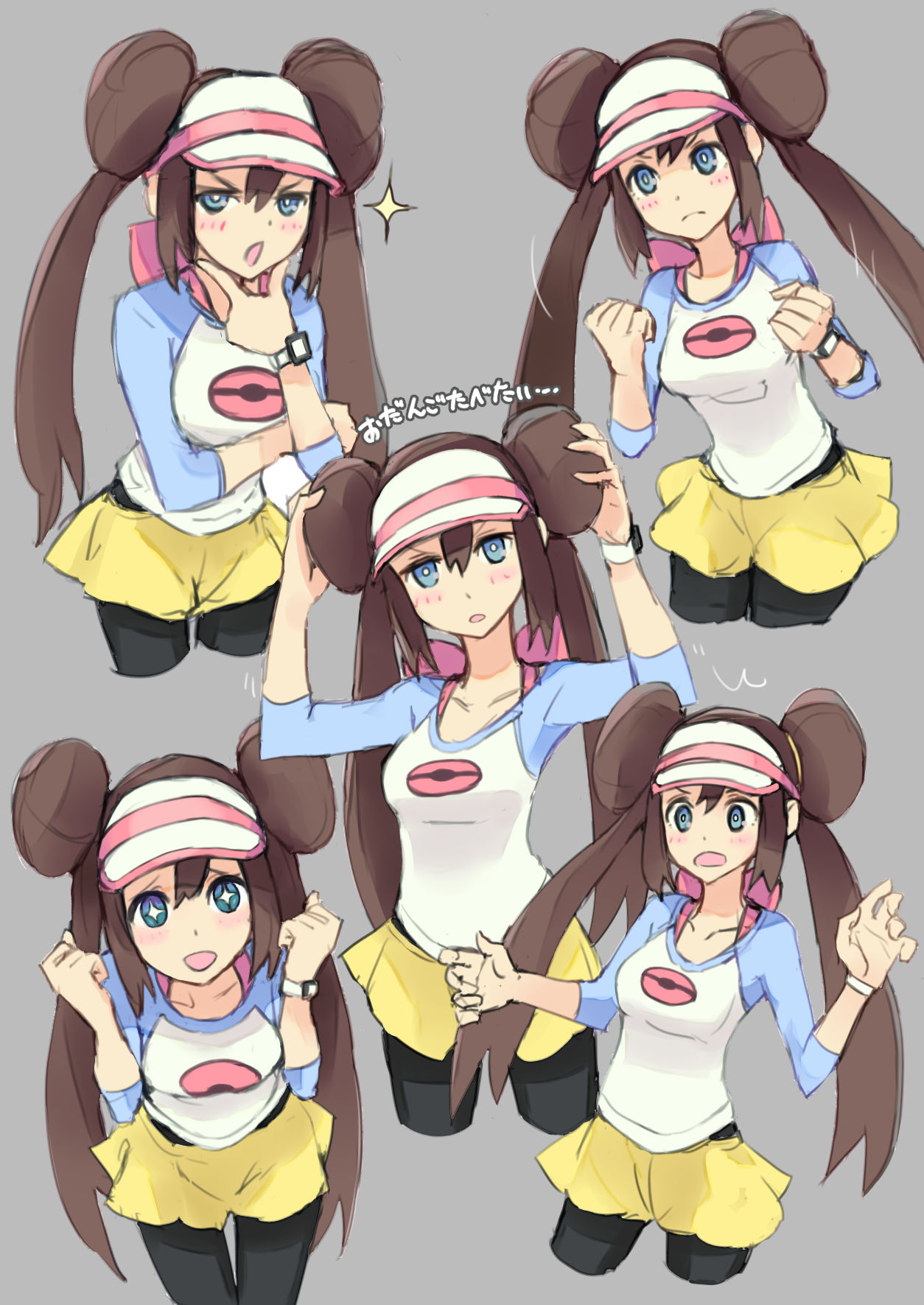 1girl bana_(stand_flower) black_legwear blue_eyes blush breasts brown_hair closed_mouth commentary_request double_bun hat highres legwear_under_shorts long_hair looking_at_viewer mei_(pokemon) open_mouth pantyhose pokemon pokemon_(game) pokemon_bw2 pokemon_masters raglan_sleeves shirt shorts simple_background smile solo twintails visor_cap