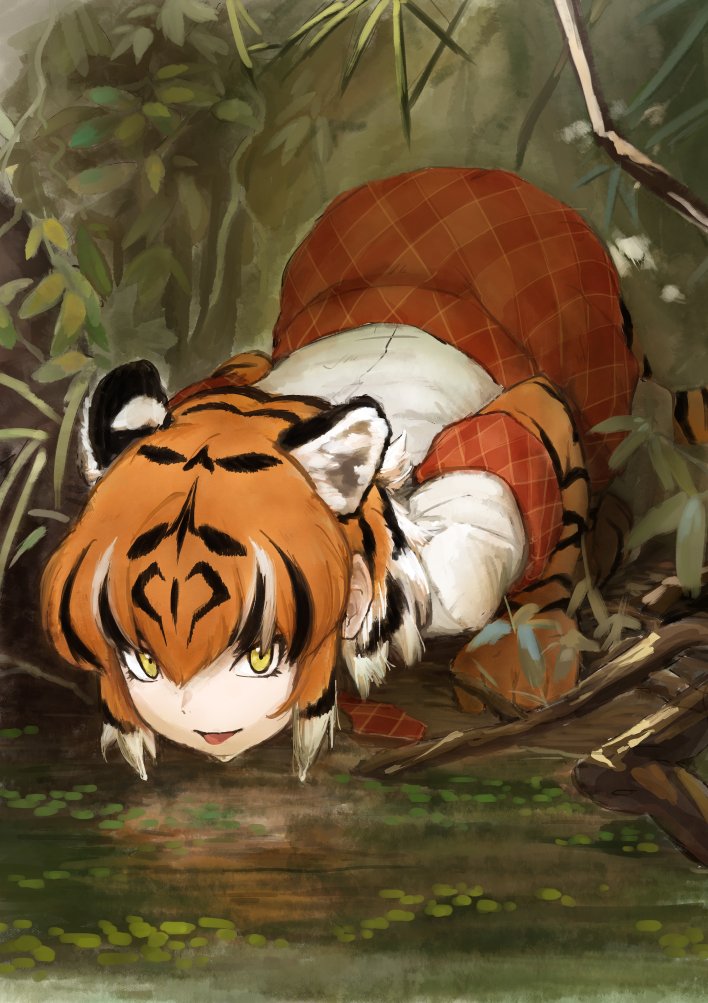 1girl animal_ears animal_print black_hair branch commentary_request elbow_gloves extra_ears fern foliage gloves kemono_friends leaf looking_at_viewer multicolored_hair necktie orange_hair plaid plaid_neckwear plaid_skirt plaid_trim pleated_skirt pond print_gloves print_legwear red_neckwear red_skirt rumenia_(ao2is) school_uniform shirt skirt solo tail thigh-highs tiger_(kemono_friends) tiger_ears tiger_girl tiger_print tiger_tail tongue tongue_out tree water water_drop white_hair white_shirt yellow_eyes