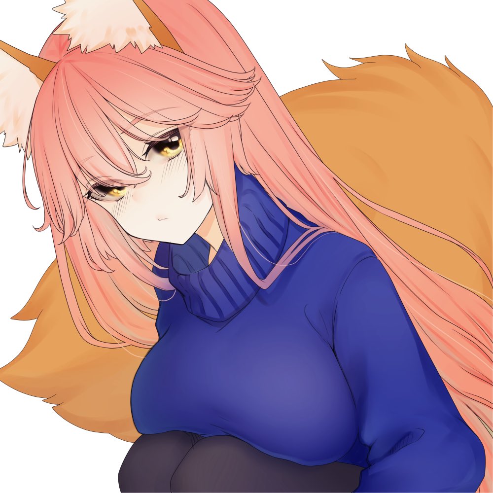 1girl animal_ear_fluff animal_ears blush breast_press breast_rest breasts closed_mouth commentary commentary_request eyes_visible_through_hair fate/extra fate/grand_order fate_(series) fox_ears fox_girl fox_tail looking_at_viewer pink_hair simple_background solo tail tamamo_(fate)_(all) tamamo_no_mae_(fate) turtleneck uminosobadashi white_background yellow_eyes