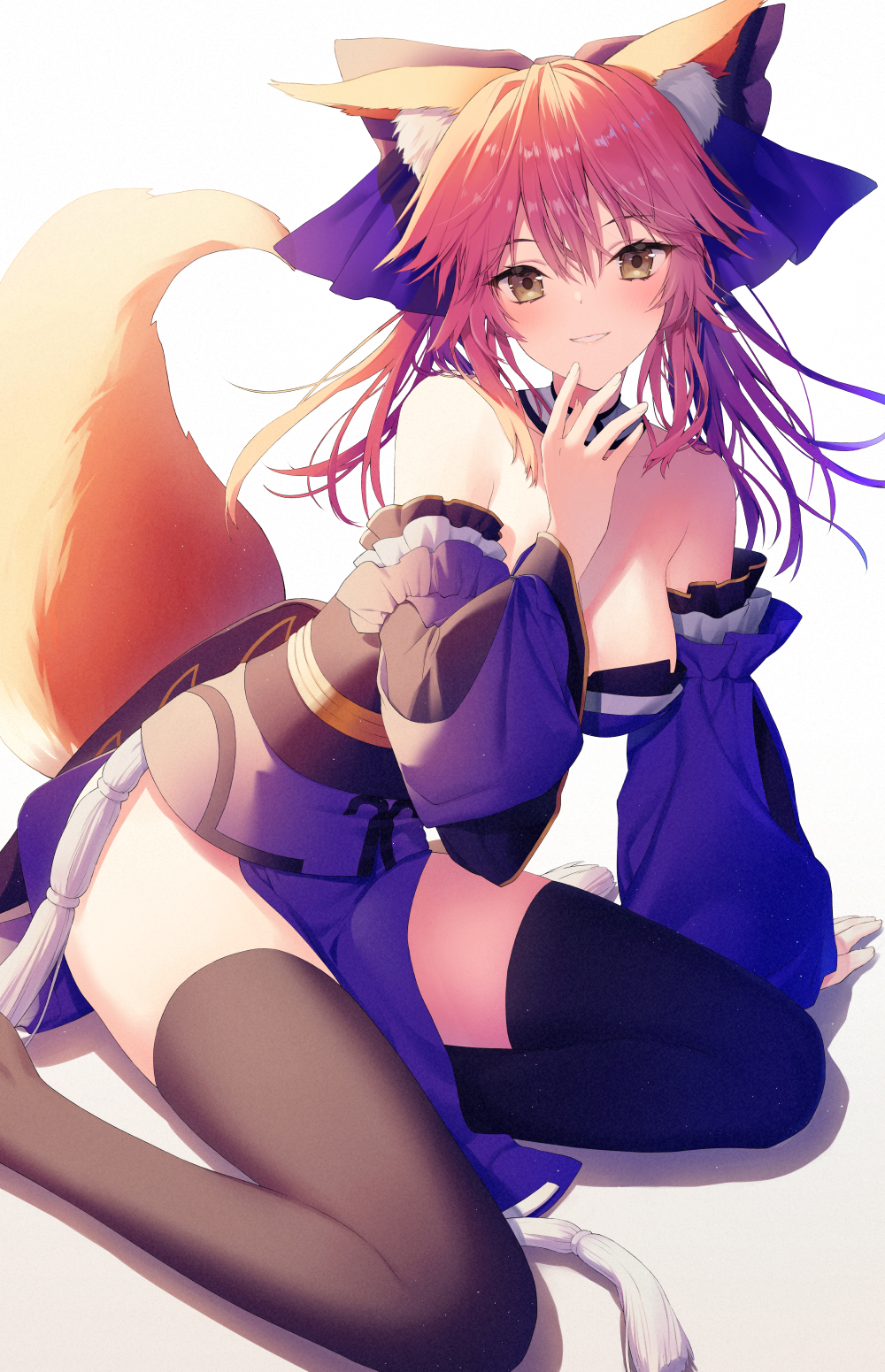 1girl animal_ear_fluff animal_ears black_legwear blue_kimono blue_ribbon blush breasts commentary commentary_request eyes_visible_through_hair fate/extra fate/grand_order fate_(series) fox_ears fox_girl fox_tail hair_ribbon highres japanese_clothes kimono kuro_futoshi large_breasts looking_at_viewer open_mouth pink_hair ribbon simple_background sitting solo tail tamamo_(fate)_(all) tamamo_no_mae_(fate) wariza white_background yellow_eyes