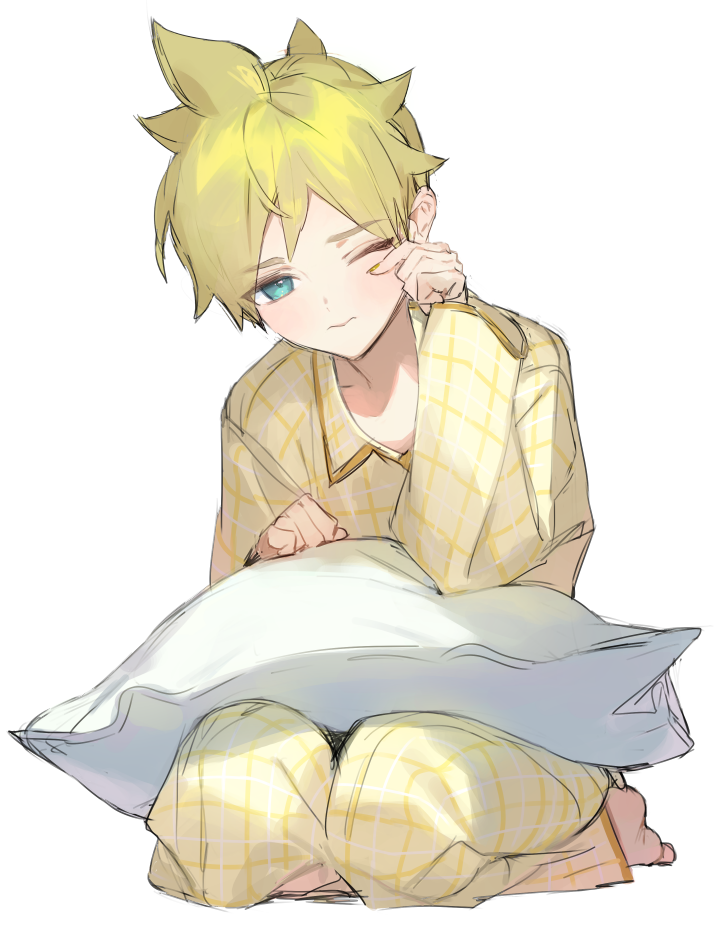 1boy aqua_eyes blonde_hair closed_mouth full_body half-closed_eyes hands_up holding holding_pillow kagamine_len looking_at_viewer male_focus naoko_(naonocoto) one_eye_closed pajamas pants pillow plaid_pajamas rubbing_eyes seiza short_ponytail sitting sleepy spiky_hair vocaloid white_background yellow_pajamas