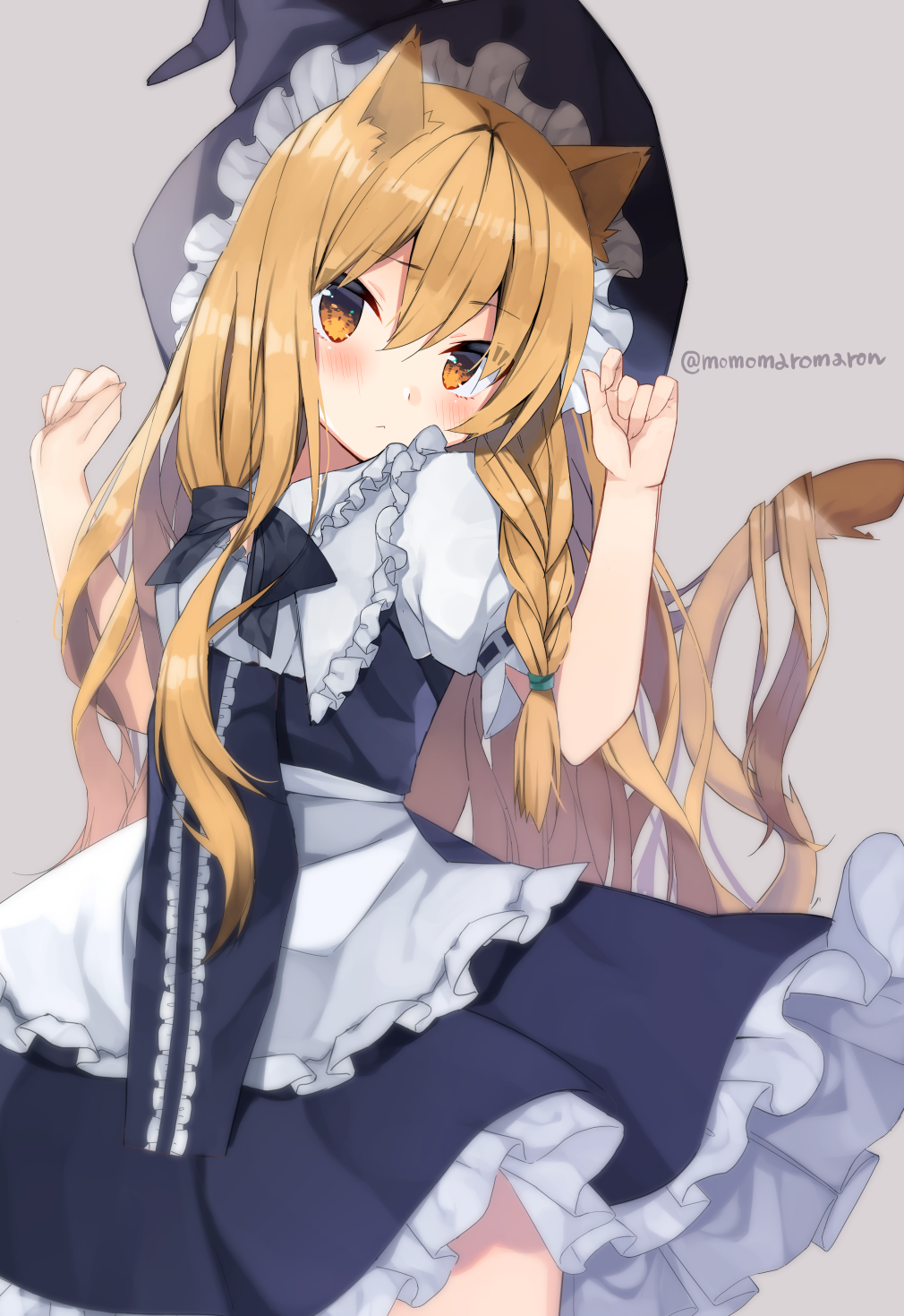 1girl :&lt; alternate_hair_length alternate_hairstyle animal_ears apron bangs black_bow black_dress black_headwear blush bow braid brown_hair cat_ears cat_tail closed_mouth commentary cowboy_shot dress eyebrows_visible_through_hair frilled_apron frilled_dress frilled_hat frills grey_background hair_between_eyes hands_up hat head_tilt highres kemonomimi_mode kirisame_marisa long_hair looking_at_viewer momomaron orange_eyes puffy_short_sleeves puffy_sleeves short_sleeves side_braid simple_background solo straight_hair tail touhou twitter_username very_long_hair w_arms waist_apron white_apron witch_hat