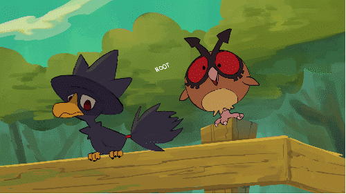 animated animated_gif bird bird_focus blue_sky brown_eyes claws clouds creature dancing day fence forest frozenspots full_body gen_2_pokemon hoothoot looking_at_another lowres murkrow nature no_humans onomatopoeia outdoors pokemon pokemon_(creature) red_eyes sky standing tree