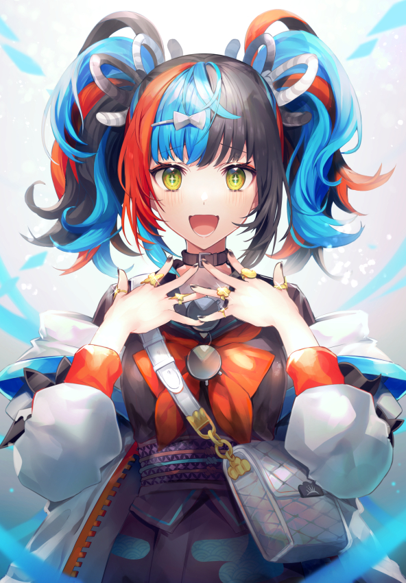 +_+ 1girl :d bag bangs black_hair black_nails black_sailor_collar black_shirt black_skirt blue_hair blush bow breasts brown_eyes commentary_request eyebrows_visible_through_hair fate/grand_order fate_(series) glint hair_bow hair_ornament hairclip hands_up jacket jewelry long_sleeves looking_at_viewer multicolored_hair nail_polish obi off_shoulder open_clothes open_jacket open_mouth puffy_long_sleeves puffy_sleeves red_bow redhead ring sailor_collar sash sei_shounagon_(fate) shirt shoulder_bag skirt small_breasts smile solo twintails two-tone_hair white_bow white_jacket yunohito