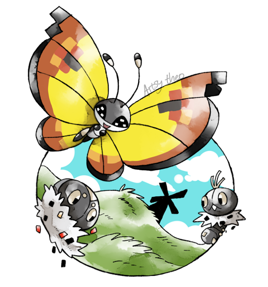 :d artsy-theo black_eyes bug butterfly creature flying full_body gen_6_pokemon grass happy insect looking_at_viewer no_humans open_mouth outdoors pokemon pokemon_(creature) scatterbug signature smile spewpa vivillon vivillon_(continental) windmill