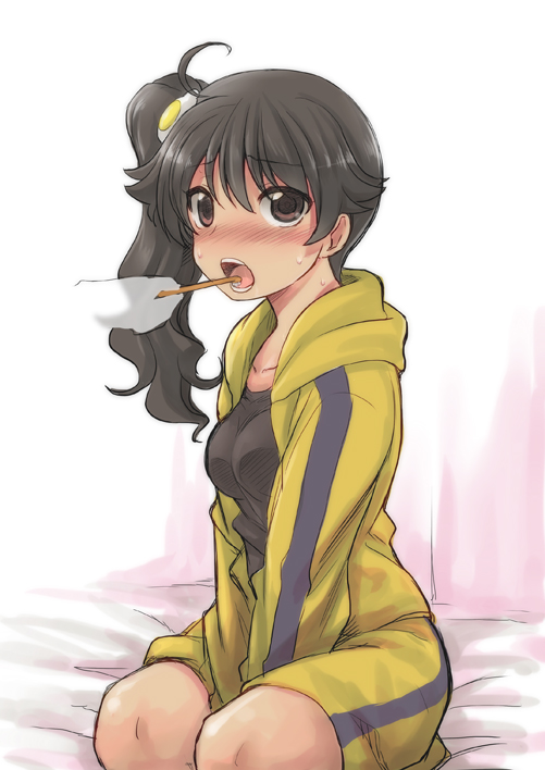 1girl ahoge araragi_karen bakemonogatari black_eyes black_hair breasts brushing_teeth hands hood hooded_track_jacket jacket long_hair looking_at_viewer monogatari_(series) nisemonogatari omuraisu_echizen open_mouth shorts side_ponytail toothbrush track_jacket