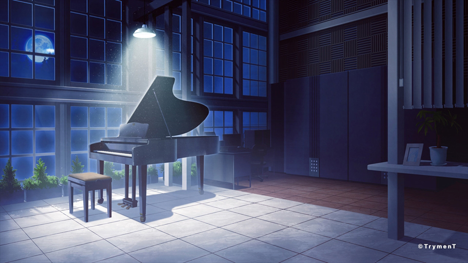 ceiling_light chair desk full_moon grand_piano indoors instrument mocha_(cotton) monitor moon night night_sky no_humans office_chair original piano piano_bench picture_(object) plant potted_plant scenery sky tile_floor tiles twitter_username window