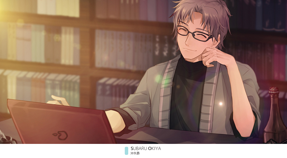 1boy black-framed_eyewear black_sweater blurry blurry_background bookshelf bottle cardigan character_name closed_eyes closed_mouth computer facing_viewer glasses grey_cardigan hair_intakes laptop lens_flare male_focus meitantei_conan monicanc okiya_subaru open_cardigan open_clothes shiny shiny_hair silver_hair sleeves_rolled_up smile solo sweater