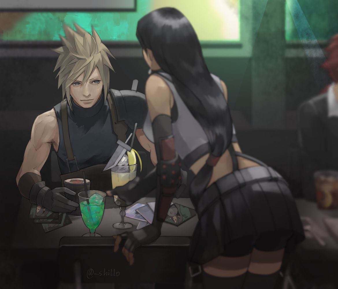 1girl 2boys alcohol arm_guards back bar bike_shorts black_skirt blonde_hair blurry cloud_strife counter cup depth_of_field drinking_glass final_fantasy final_fantasy_vii final_fantasy_vii_remake fingerless_gloves gloves long_hair looking_at_another low-tied_long_hair multiple_boys out_of_frame reno shillo shorts shorts_under_skirt sitting skirt sleeveless smile tifa_lockhart