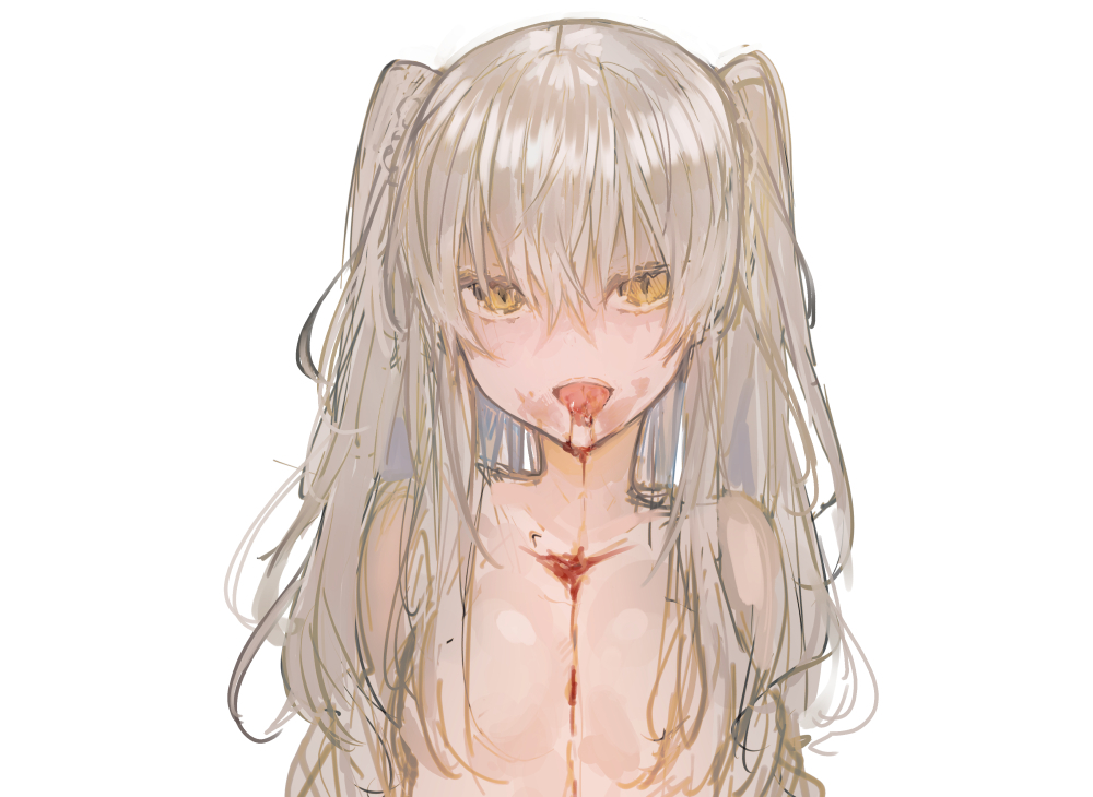 1girl blood blood_in_mouth blood_stain camisole grey_hair hair_between_eyes ikeuchi_tanuma long_hair looking_at_viewer original simple_background slit_pupils solo tongue tongue_out two_side_up upper_body white_background yellow_eyes