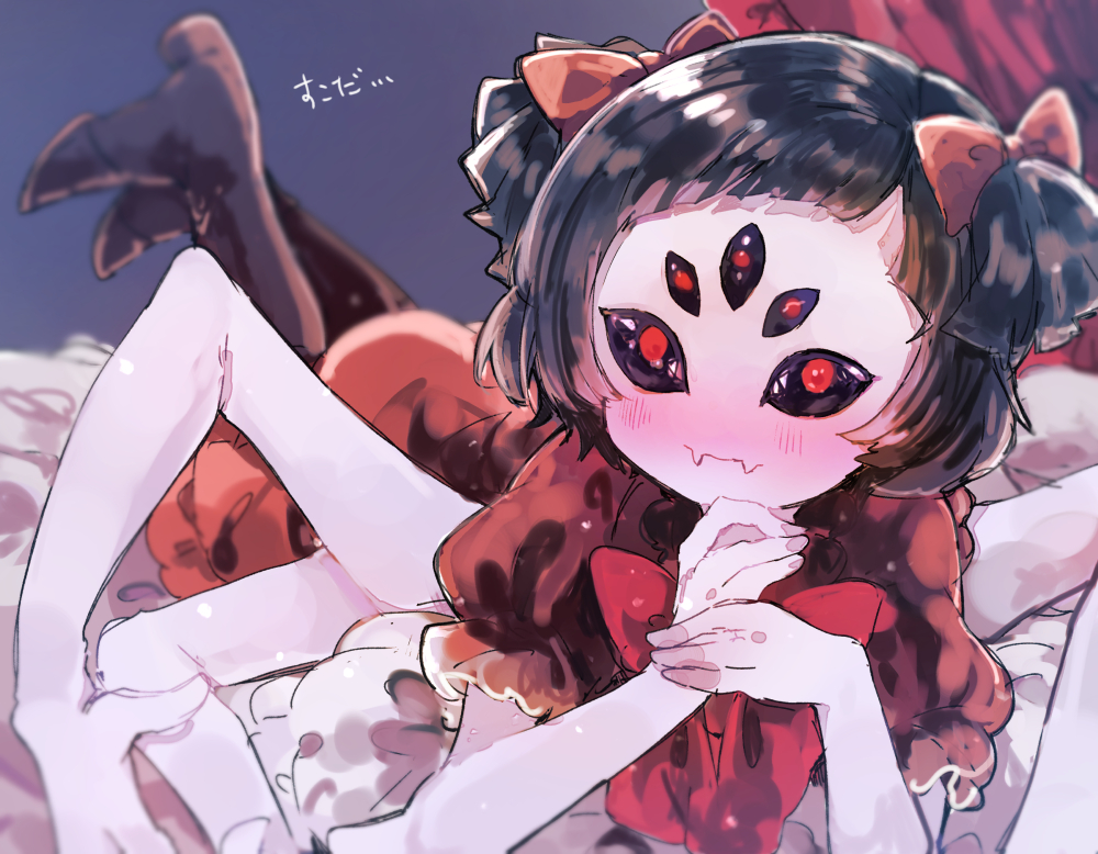 1girl bangs black_sclera blunt_bangs blush bow brown_hair dress extra_arms fang fangs fangs_out hair_bow high_heels ikeuchi_tanuma insect_girl looking_at_viewer lying monster_girl muffet nose_blush on_stomach own_hands_together pale_skin purple_skin red_bow red_dress red_eyes short_hair skin_fang skin_fangs smile solo spider_girl translation_request two_side_up undertale