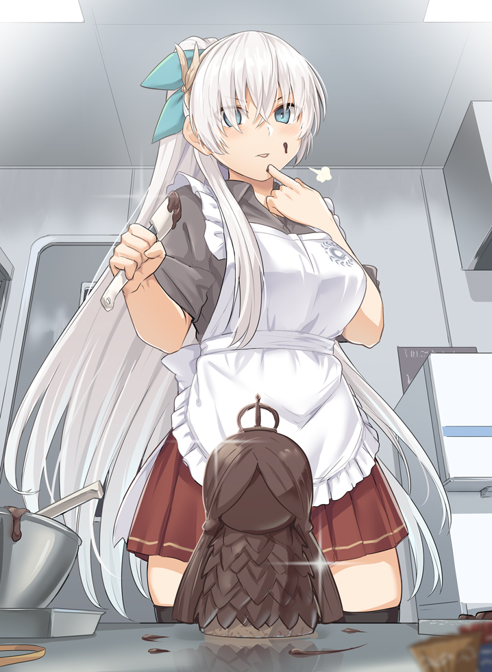 1girl alternate_costume anastasia_(fate/grand_order) apron bangs black_legwear black_shirt blue_bow blue_eyes bow bowl breasts chocolate chocolate_on_face commentary_request door eyebrows_visible_through_hair eyes_visible_through_hair fate/grand_order fate_(series) food food_on_face from_below hair_between_eyes hair_over_one_eye hairband holding indoors kitchen large_breasts long_hair looking_at_viewer pleated_skirt ponytail red_skirt refrigerator shirt shiseki_hirame short_sleeves silver_hair skirt smile solo thigh-highs tongue tongue_out very_long_hair white_apron