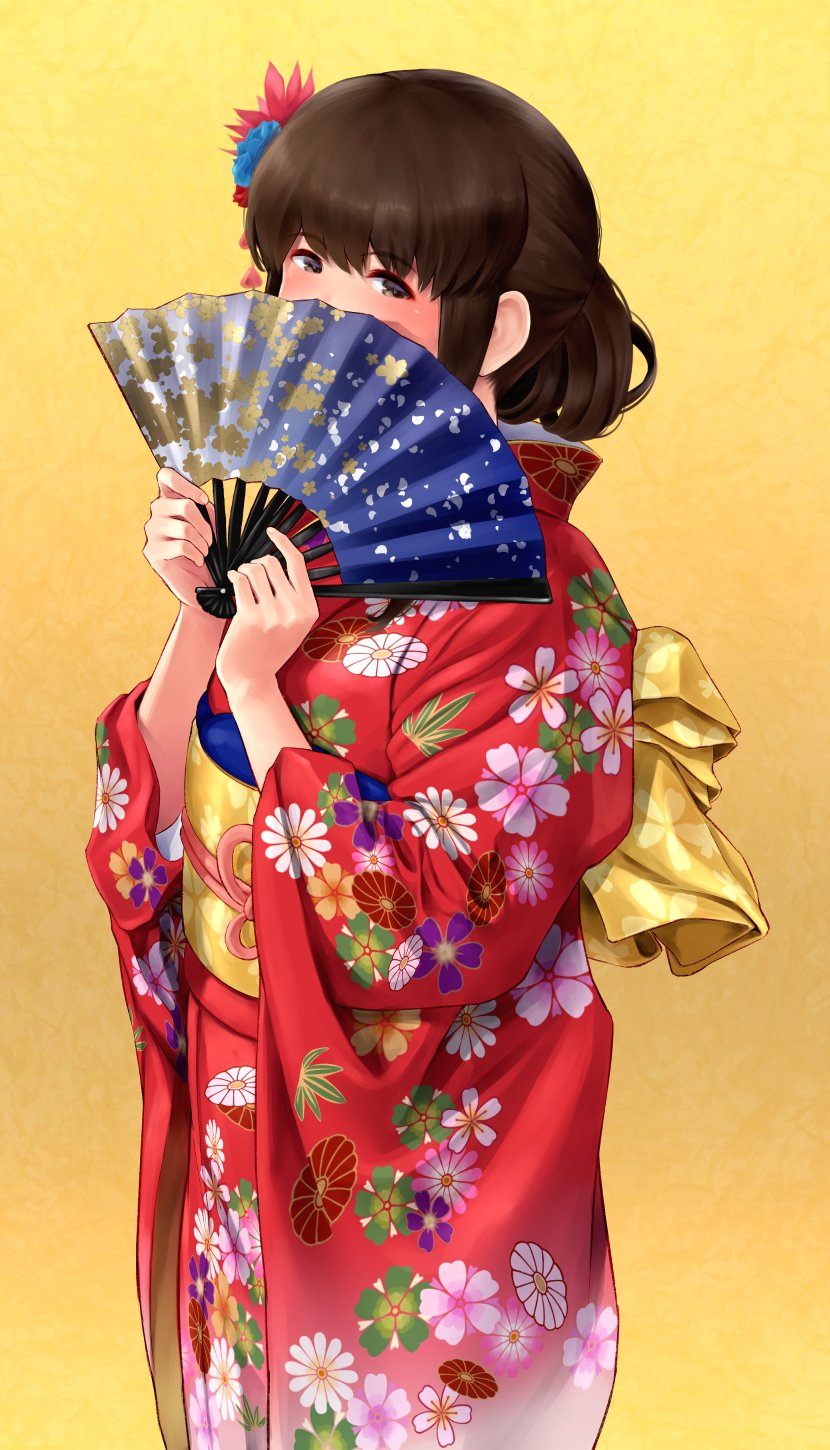 1girl akagi_(kantai_collection) alternate_costume alternate_hairstyle blush brown_eyes brown_hair fan flower folding_fan hair_bun hair_flower hair_ornament highres holding holding_fan japanese_clothes kantai_collection kimono long_hair looking_at_viewer obi obijime open_mouth pink_flower red_flower red_kimono sash sidelocks wa_(genryusui) white_flower