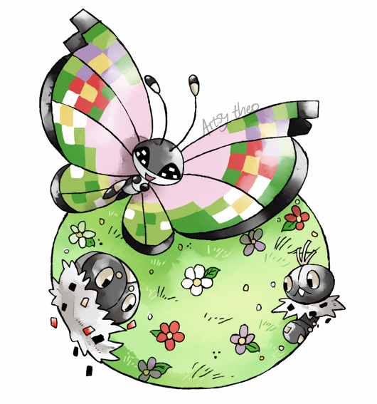 :d artsy-theo bug butterfly creature flower flying gen_6_pokemon grass happy insect looking_at_viewer no_humans open_mouth outdoors pokemon pokemon_(creature) scatterbug signature smile spewpa vivillon vivillon_(fancy)