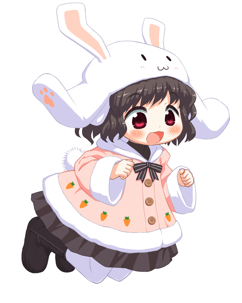 1girl :3 animal_ears animal_hood bangs bebeneko black_footwear black_hair black_skirt blush boots bunny_tail carrot_print clenched_hands coat commentary_request eyebrows_visible_through_hair folded_leg food_print hood inaba_tewi jumping looking_to_the_side open_mouth outline pantyhose pink_coat rabbit_ears red_eyes ribbon short_hair skirt solo striped striped_ribbon tail touhou transparent_background white_legwear white_outline winter_clothes winter_coat