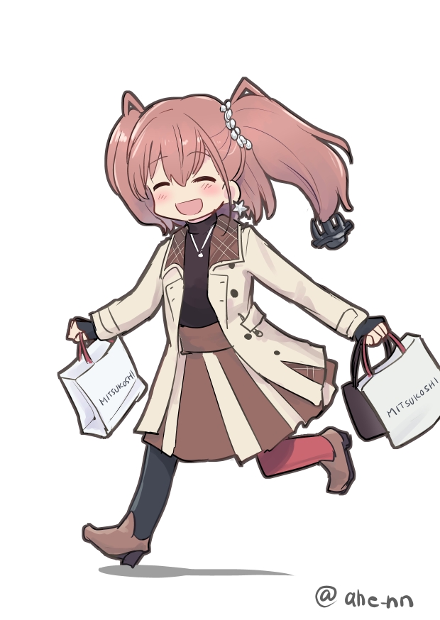 1girl ^_^ ^o^ ahenn alternate_costume atlanta_(kantai_collection) bag brown_hair casual closed_eyes commentary_request earrings full_body hair_between_eyes holding holding_bag jewelry kantai_collection long_hair long_sleeves mitsukoshi_(department_store) necklace open_mouth pantyhose shadow shopping_bag simple_background smile solo star star_earrings twitter_username two_side_up white_background