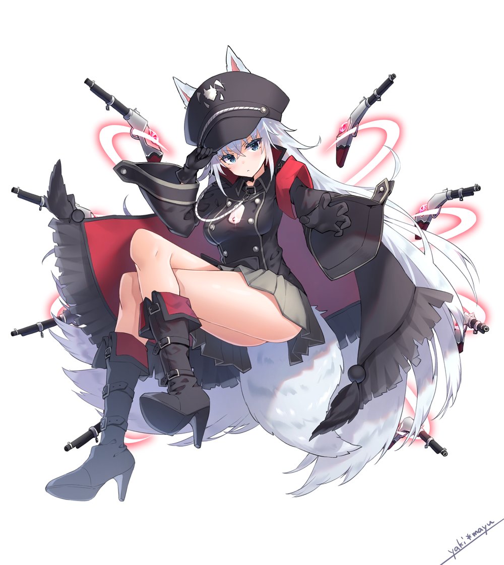 1girl aiguillette animal_ears armband artist_name ass black_coat black_footwear black_gloves black_headwear black_shirt boots breasts coat commentary_request crossed_legs double-breasted ears_through_headwear full_body gloves grey_skirt gun hat high_collar high_heel_boots high_heels long_hair long_sleeves looking_at_viewer medium_breasts miniskirt musket open_clothes open_coat original peaked_cap pleated_skirt shirt skirt solo tail thighs v-shaped_eyebrows very_long_hair weapon white_background white_hair wide_sleeves wing_collar wolf_ears wolf_girl wolf_tail yaki_mayu