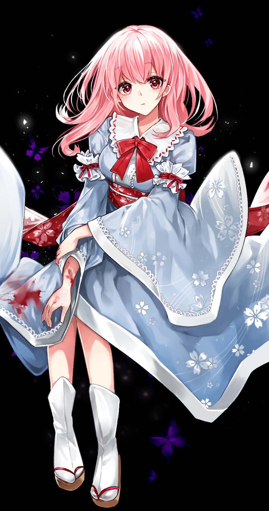 1girl blood bloody_clothes bloody_hands blue_kimono bow bug butterfly chano cherry_blossom_print eyebrows_visible_through_hair floral_print frilled_shirt_collar frills full_body geta highres holding_arm insect japanese_clothes kimono long_sleeves looking_at_viewer neck_ribbon pink_hair purple_butterfly red_bow red_eyes red_ribbon red_sash ribbon ribbon-trimmed_sleeves ribbon_trim saigyouji_yuyuko sash short_hair solo touhou wavy_hair white_legwear wide_sleeves