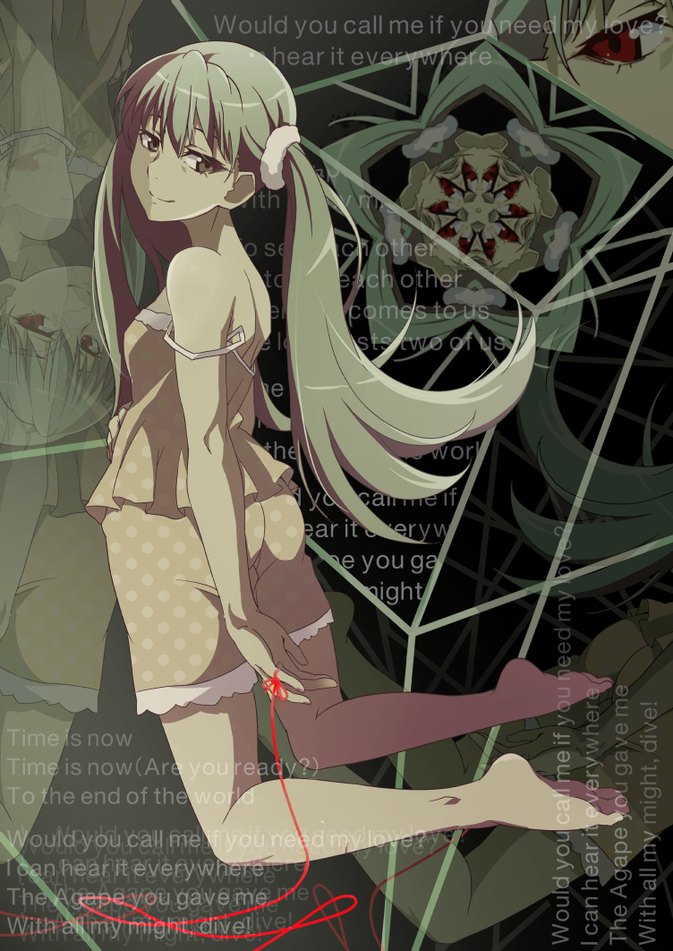 1girl back bangs bare_shoulders barefoot brown_eyes camisole commentary frills from_behind full_body gesugesu_ahoaho kneeling light_smile long_hair looking_at_viewer looking_back monogatari_(series) oikura_sodachi owarimonogatari pajamas polka_dot red_eyes red_string scrunchie shorts silver_hair soles solo spaghetti_strap strap_slip string twintails white_scrunchie