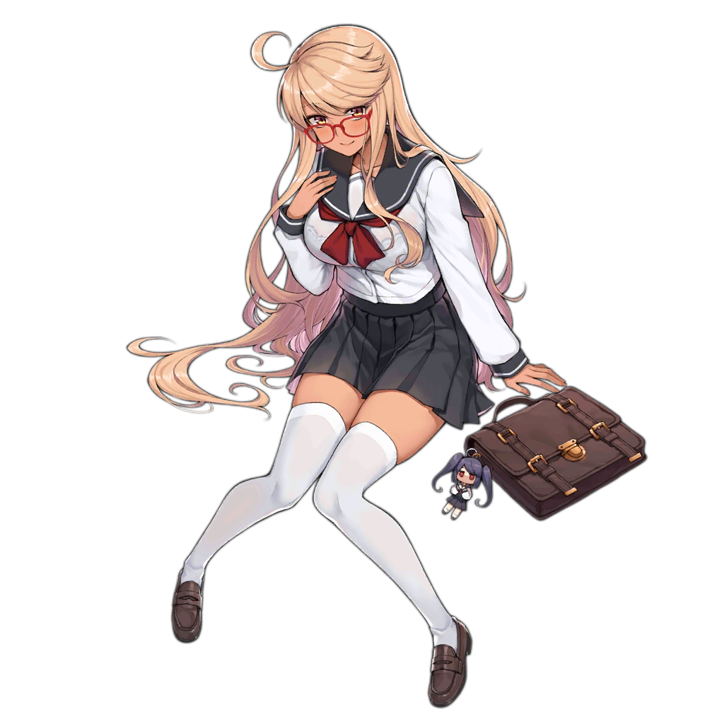 1girl ahoge alma_armas alternate_costume bag black_skirt blonde_hair breasts brown_footwear closed_mouth eyebrows_visible_through_hair girls_frontline glasses jill_stingray large_breasts loafers long_hair long_sleeves looking_at_viewer neckerchief official_art pleated_skirt red_neckwear school_bag school_uniform serafuku shoes skirt solo terras thigh-highs transparent_background va-11_hall-a white_legwear