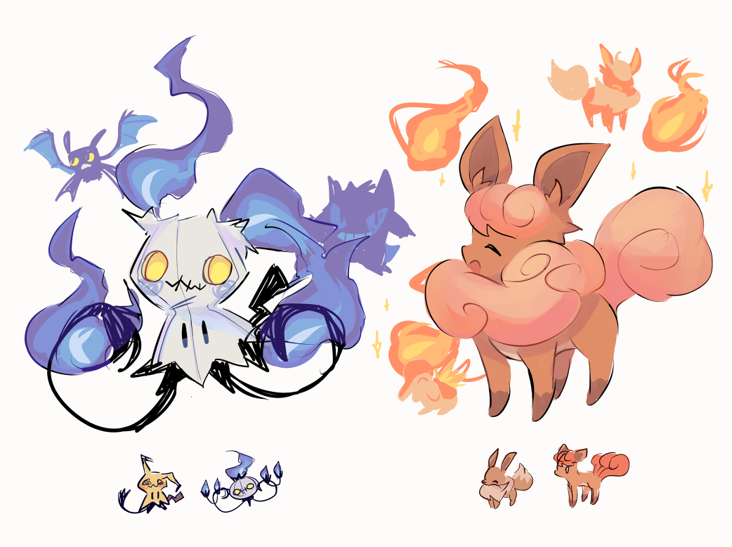 ^_^ chandelure charamells closed_eyes creature crobat cyndaquil eevee fire flame flareon full_body fusion gen_1_pokemon gen_2_pokemon gen_5_pokemon gen_7_pokemon mimikyu multiple_fusions no_humans pokemon pokemon_(creature) purple_fire simple_background standing vulpix white_background yellow_eyes