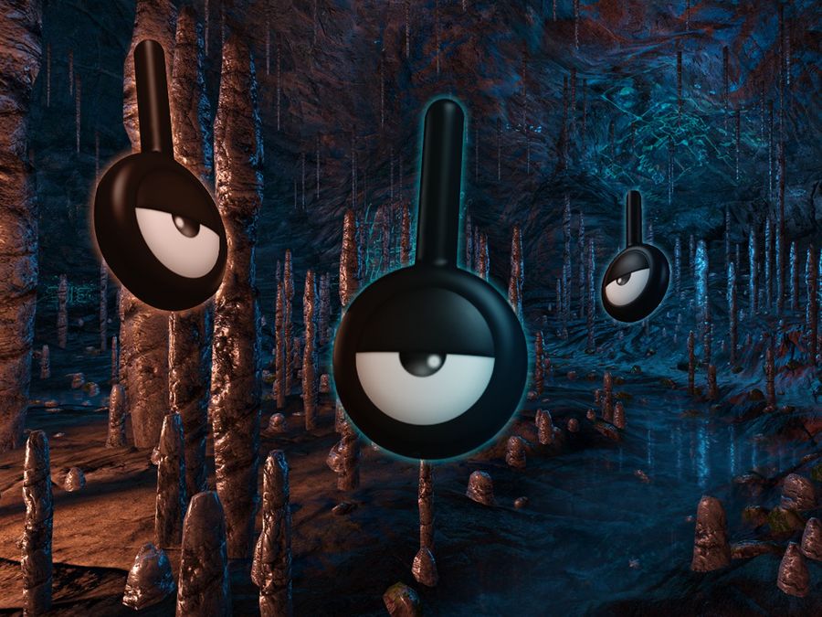 black_eyes cave commentary creature dark english_commentary floating full_body gen_2_pokemon ilkcmp looking_at_viewer no_humans pokemon pokemon_(creature) river rock unown water
