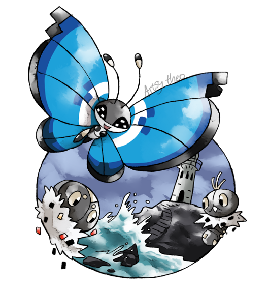 :d artsy-theo bug butterfly clouds cloudy_sky creature flying gen_6_pokemon happy insect looking_at_viewer no_humans ocean open_mouth outdoors pokemon pokemon_(creature) scatterbug signature sky smile spewpa tower vivillon vivillon_(marine) water waves