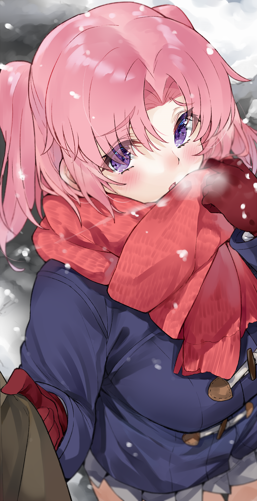 1girl blurry blurry_background blush breasts breath commentary_request gloves highres jacket kou_mashiro large_breasts long_sleeves looking_at_viewer mikakunin_de_shinkoukei miniskirt pink_hair pleated_skirt red_gloves red_scarf scarf skirt sleeve_tug snow solo translation_request two_side_up violet_eyes yonomori_kobeni