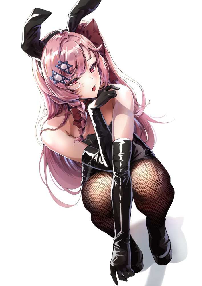 1girl :d animal_ears bangs bare_shoulders black_footwear black_gloves black_legwear black_leotard blush bow braid breasts bunnysuit detached_collar elbow_gloves eyebrows_visible_through_hair fake_animal_ears fishnet_legwear fishnets full_body girls_frontline gloves hair_between_eyes hair_bow hair_ornament hair_ribbon hairclip half-closed_eyes hana09487817 hexagram leotard long_hair looking_at_viewer negev_(girls_frontline) one_side_up open_mouth pantyhose pink_hair rabbit_ears red_bow red_eyes ribbon simple_background smile solo squatting star_of_david