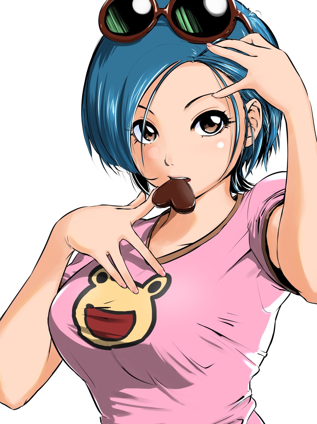 1girl animal_print blue_hair candy chocolate chocolate_heart eyewear_on_head food frog_print hand_in_hair heart highres looking_at_viewer mahha_warabi may_lee pink_shirt shirt short_hair simple_background solo sunglasses the_king_of_fighters white_background