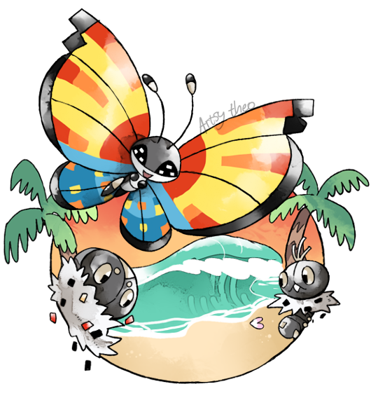 :d artsy-theo beach bug butterfly creature flying gen_6_pokemon happy insect looking_at_viewer no_humans open_mouth outdoors pine_tree pokemon pokemon_(creature) sand scatterbug signature sky smile spewpa tree twilight vivillon vivillon_(ocean) waves