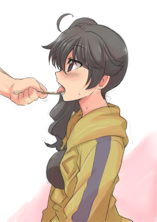 1girl ahoge araragi_karen bakemonogatari black_eyes black_hair brushing_teeth commentary hood hooded_track_jacket jacket long_hair monogatari_(series) nisemonogatari omuraisu_echizen open_mouth side_ponytail toothbrush track_jacket