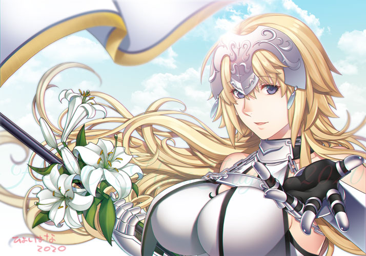 1girl armor armored_dress banner bare_shoulders black_gloves blonde_hair blue_eyes blue_sky breasts chain clouds commentary_request fate/apocrypha fate/grand_order fate_(series) flag flower gauntlets gloves headpiece hiyoshi_hana jeanne_d'arc_(fate) jeanne_d'arc_(fate)_(all) large_breasts long_hair looking_at_viewer outstretched_hand parted_lips signature sky standard_bearer very_long_hair