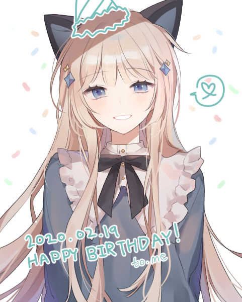1girl animal_ears bangs black_bow blue_eyes blush bow confetti dated dress eyebrows_visible_through_hair fake_animal_ears grey_dress hair_ornament happy_birthday hat heart light_brown_hair long_hair looking_at_viewer moffle_(ayabi) original parted_lips party_hat simple_background smile solo spoken_heart upper_body white_background