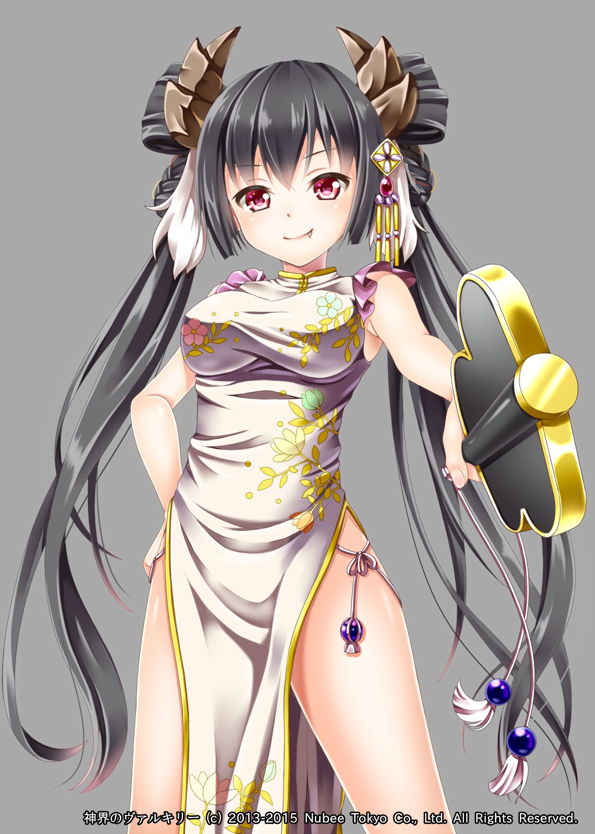 1girl black_hair breasts chinese_clothes dress fan floral_print flower hair_ornament hakuda_tofu hand_on_hip highres holding holding_fan horns large_breasts official_art red_eyes shinkai_no_valkyrie silver_dress spread_legs