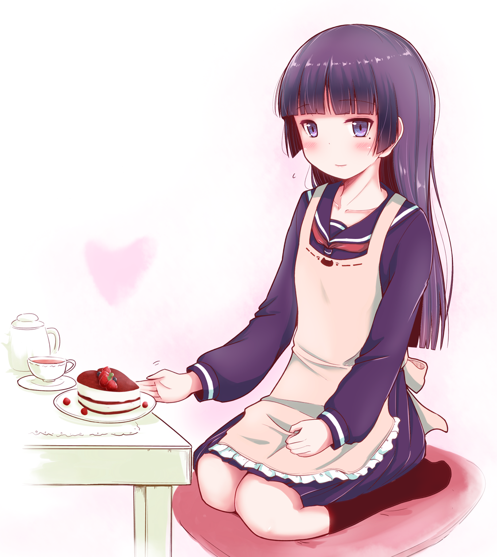 1girl apron beige_apron black_hair black_legwear black_serafuku cake cup cushion food frilled_apron frills full_body gokou_ruri heart herunin long_hair looking_at_viewer mole mole_under_eye ore_no_imouto_ga_konna_ni_kawaii_wake_ga_nai school_uniform seiza serafuku simple_background sitting socks solo table teacup teapot violet_eyes white_background zabuton